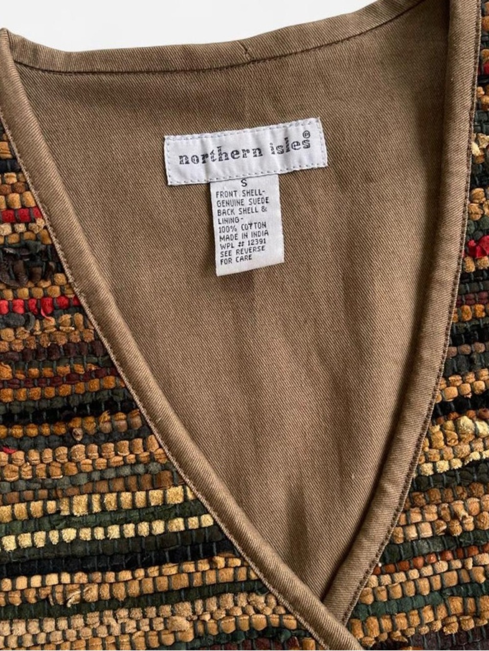 Vintage Northern Isles Multicolored Suede Leather Woven Tan Cotton Vest S - Picture 2 of 6